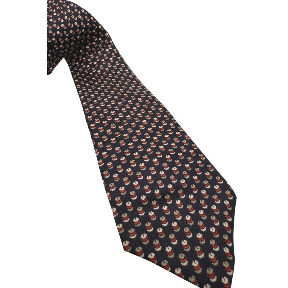 Christian Dior Cravates Silk Necktie Navy‎ Blue Red White Tan Geometric Pattern
